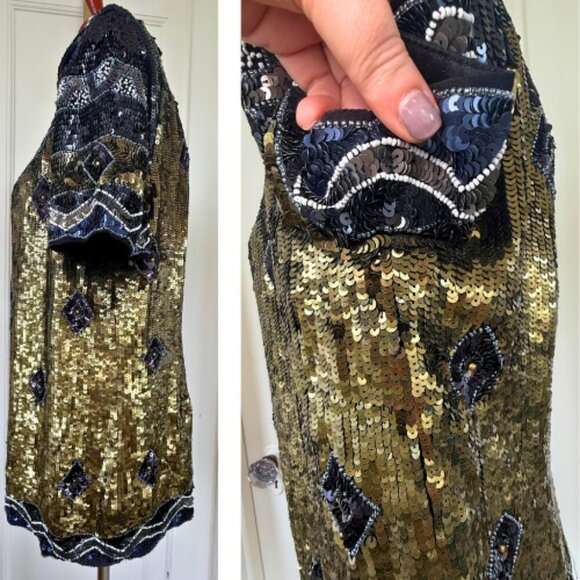 FRENCH CONNECTION Carnival Sequin Black Gold Short Sleeve Top Size 10 - Picture 5 of 16